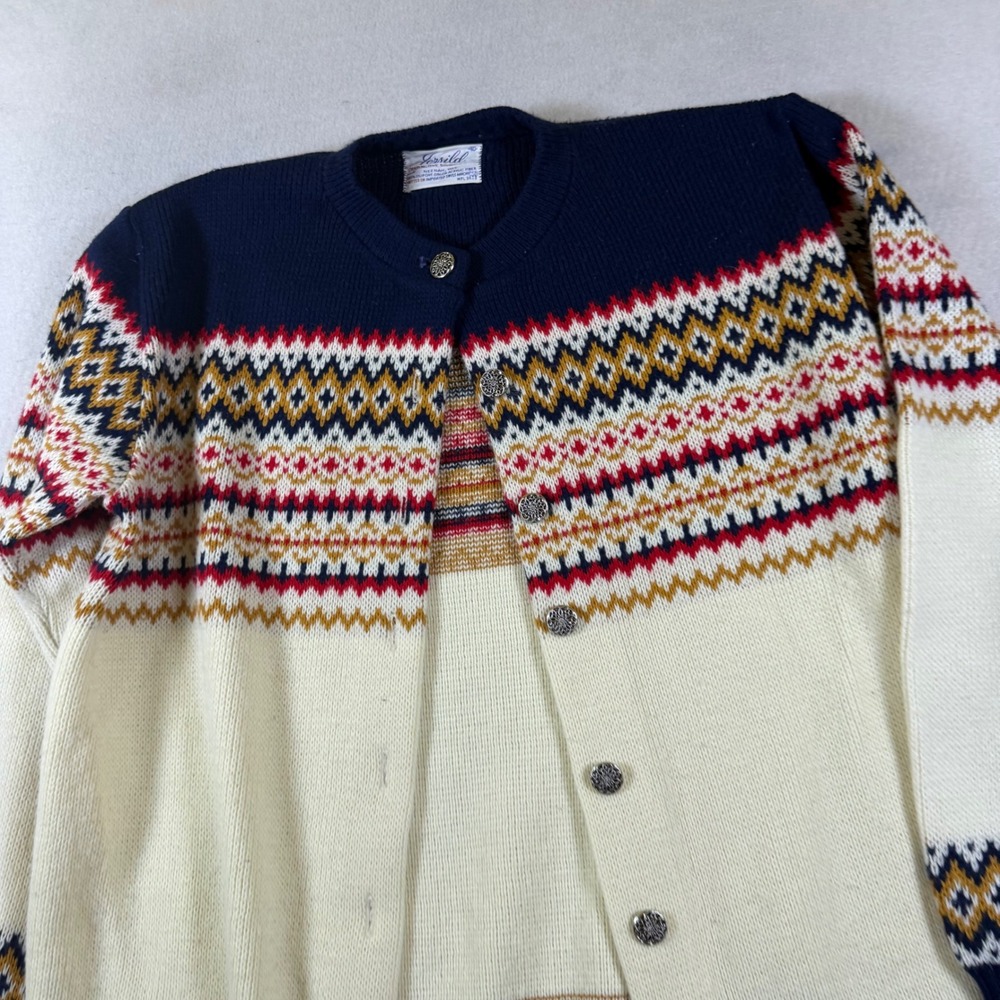 Vintage Jersild Nordic Fair Isle Cardigan Sweater Navy Cream Orlon Acrylic 40